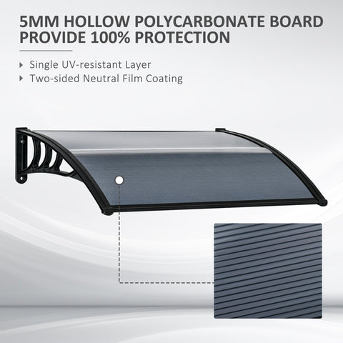 Black 5mm hollow polycarbonate outsunny door canopy awning with ribbed texture and curved frame for outdoor use under light snow