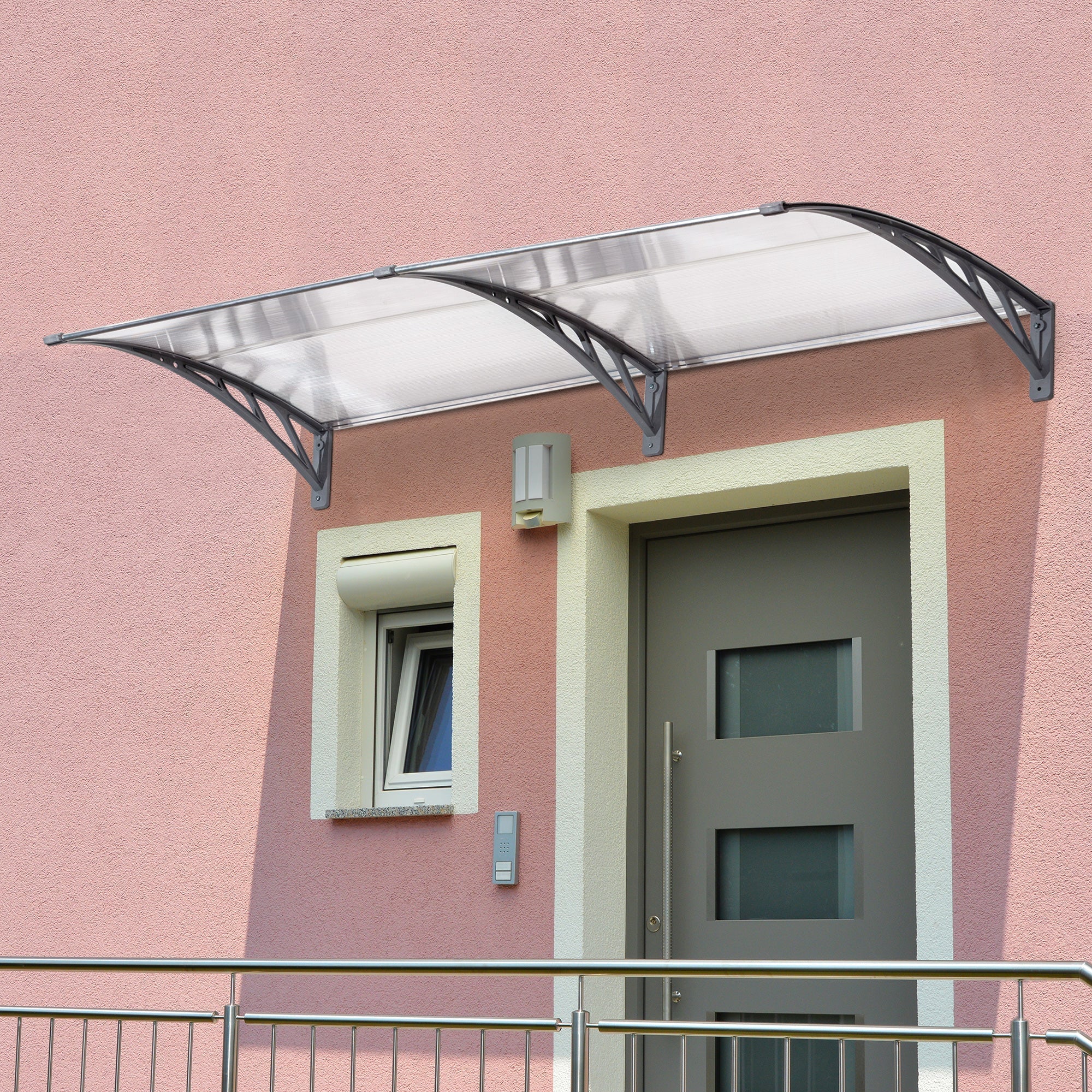 Outsunny clear acrylic door canopy awning with sleek black metal support arms for outdoor rain shelter and light snow protection