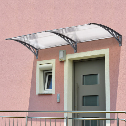 Outsunny clear acrylic door canopy awning with sleek black metal support arms for outdoor rain shelter and light snow protection