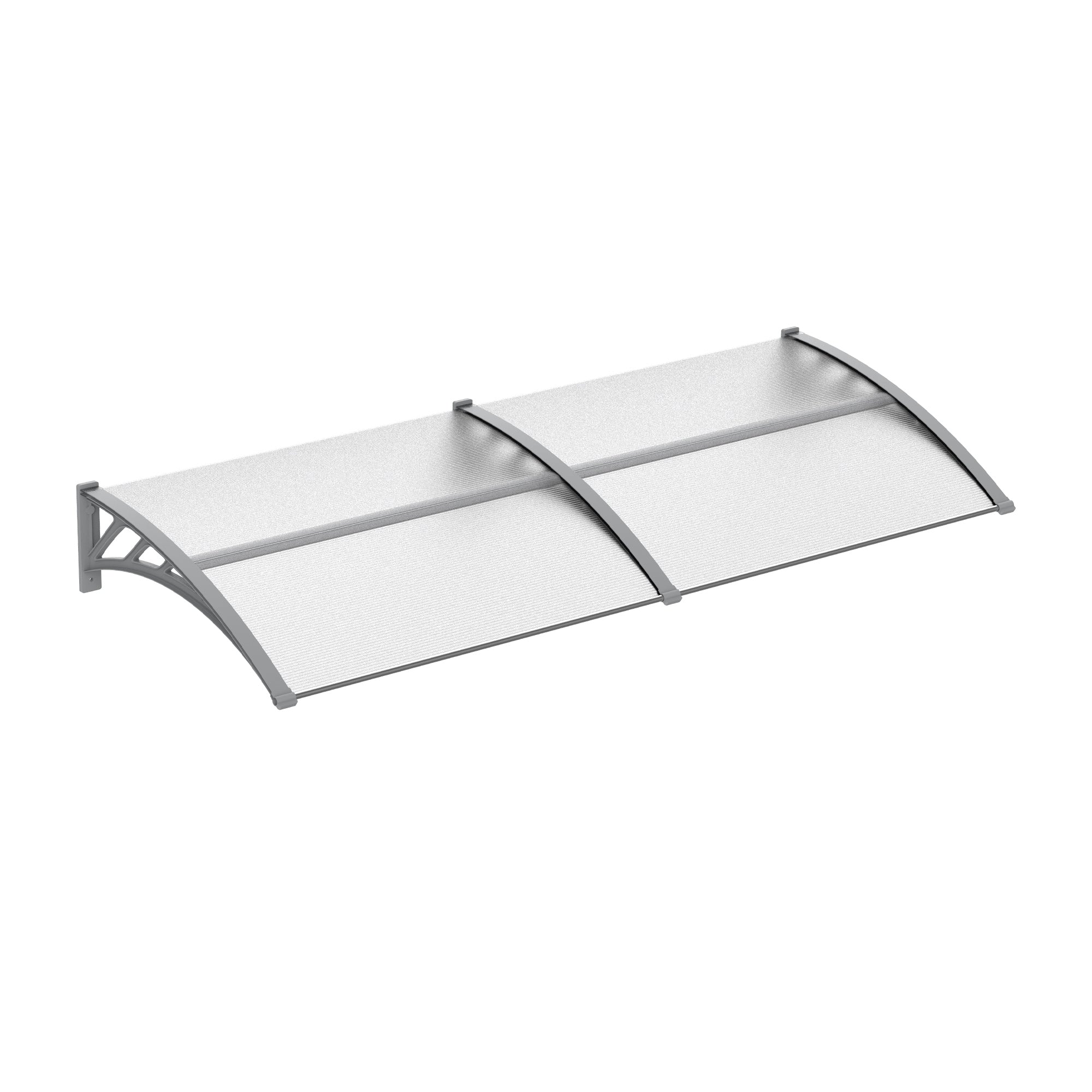 Silver-framed two-panel awning with translucent ribbed polycarbonate panels for outdoor door rain shelter cover