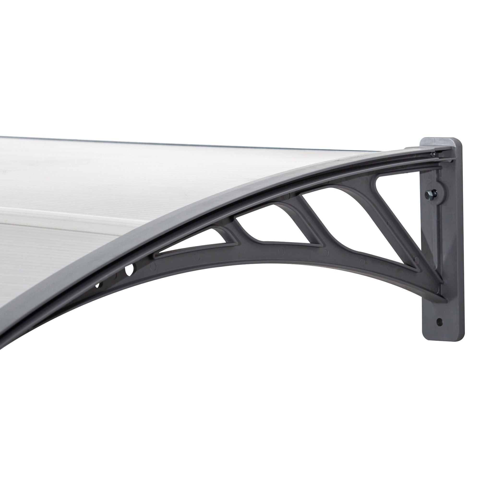 Gray outsunny door canopy awning with clear curved polycarbonate roof and decorative lattice for outdoor rain shelter