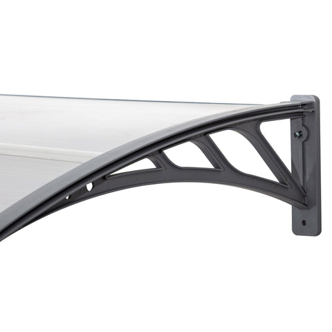 Gray outsunny door canopy awning with clear curved polycarbonate roof and decorative lattice for outdoor rain shelter