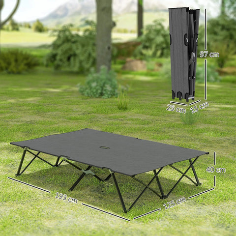 Black foldable camping cot with metal frame means oxford fabric surface for two people in charcoal grey