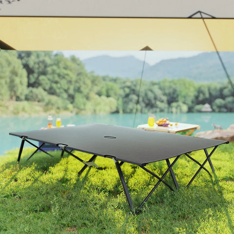 Black foldable outsunny double camping cot bed with sturdy frame means oxford fabric surface for two people in charcoal grey
