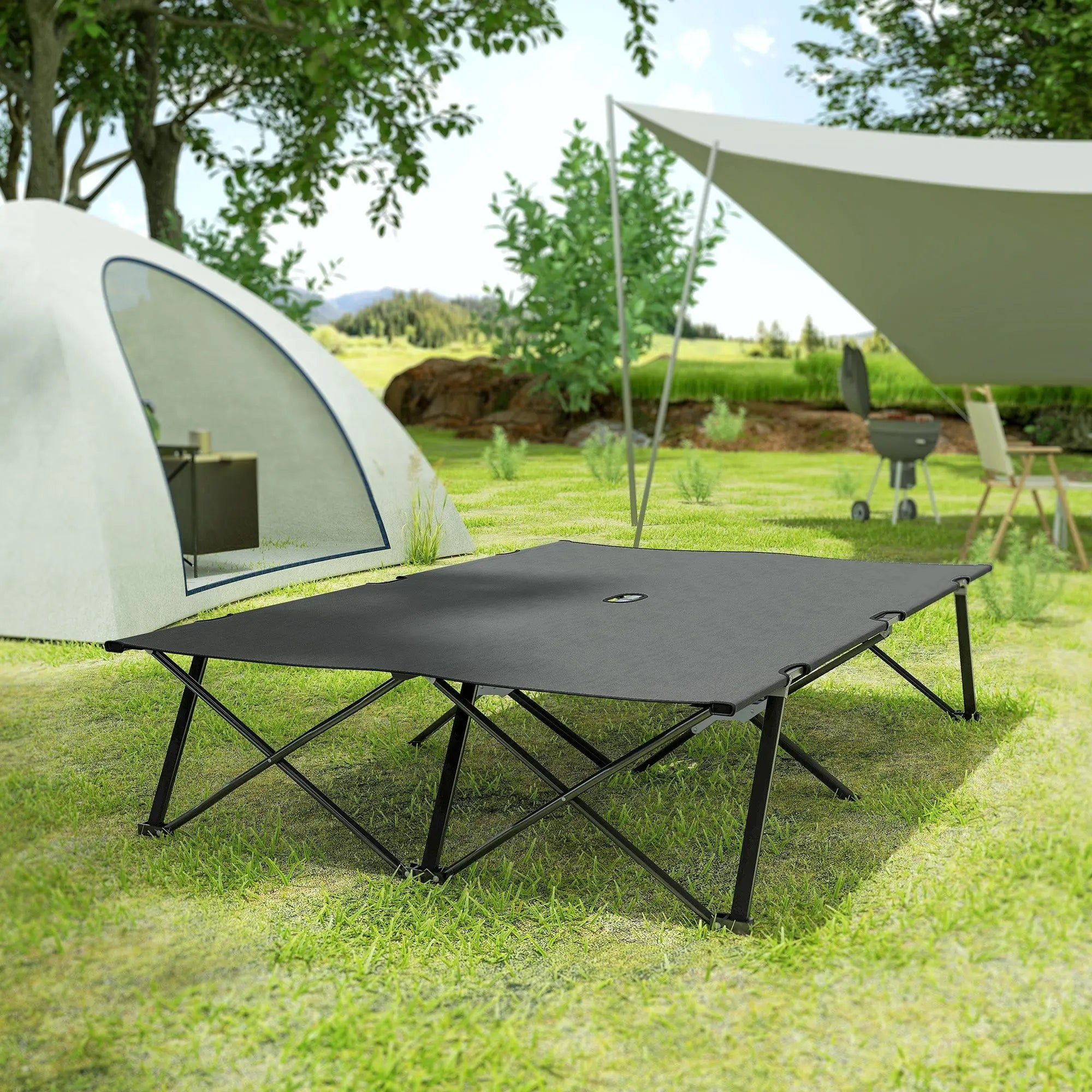 Outsunny double camping cot bed with sturdy metal frame means and charcoal grey oxford fabric for two people