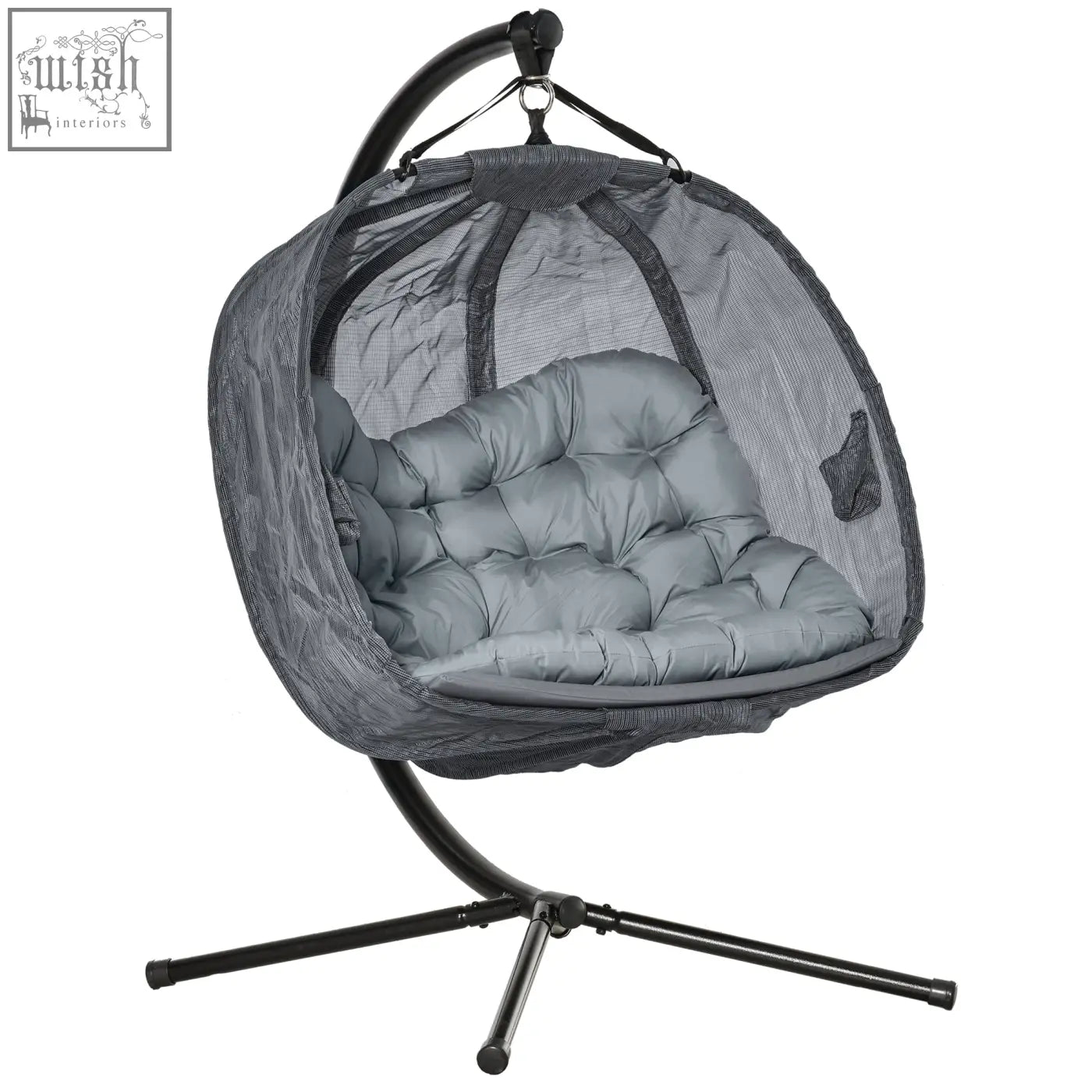 Gray mesh hanging egg chair with cushioned seat and black metal stand perfect for indoor outdoor seating