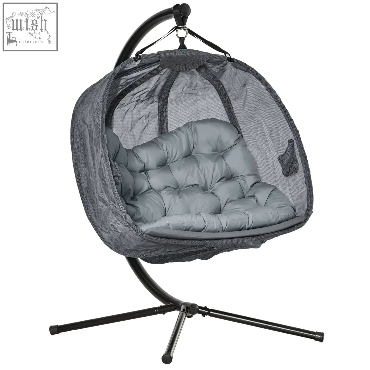 Gray mesh hanging egg chair with cushioned seat and black metal stand perfect for indoor outdoor seating