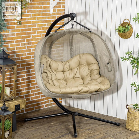 Beige mesh hanging egg chair with plush cushion and black metal frame seat basket for indoor and outdoor use
