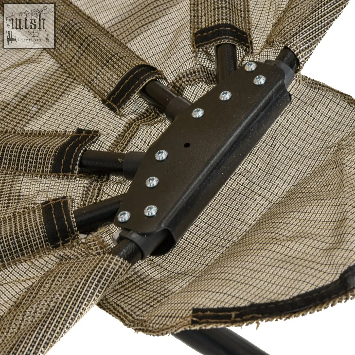 Black metal frame with silver screws securing tan mesh fabric on the seat basket of outsunny hanging egg chair