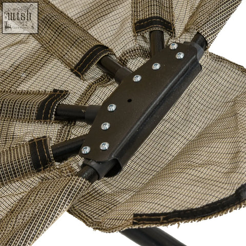 Black metal frame with silver screws securing tan mesh fabric on the seat basket of outsunny hanging egg chair