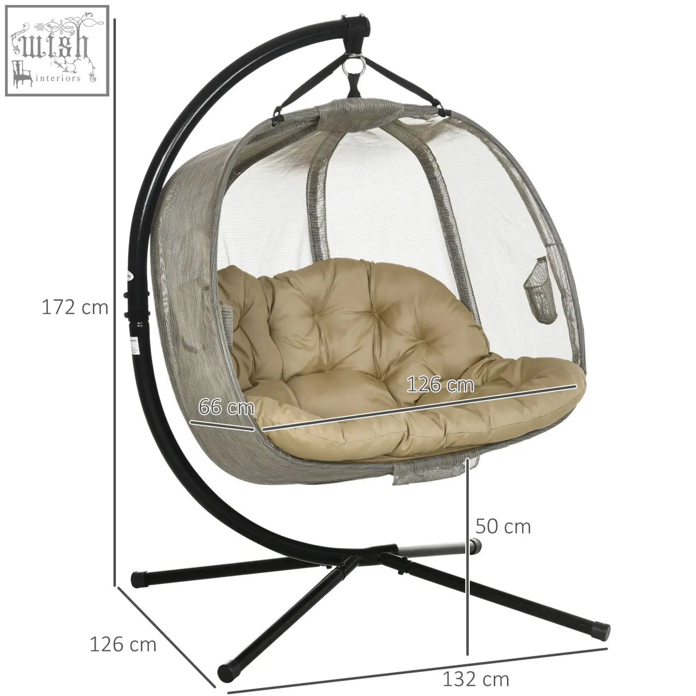 Beige cushioned hanging egg chair with black metal frame and transparent mesh enclosure for indoor outdoor use
