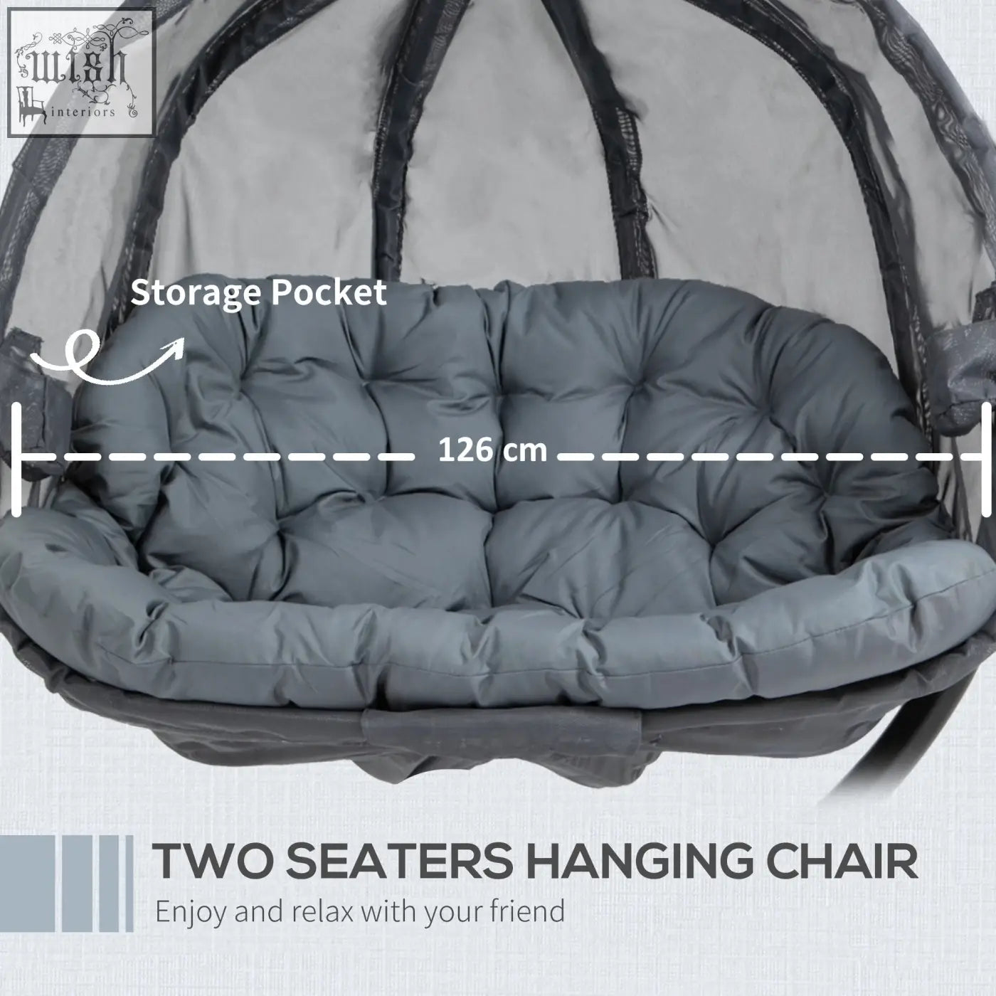 Gray plush cushioned outsunny double hanging egg chair with mesh canopy seat basket and storage pocket for indoor outdoor use
