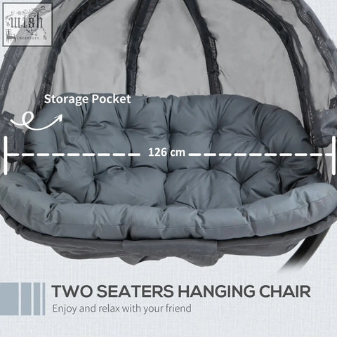 Gray plush cushioned outsunny double hanging egg chair with mesh canopy seat basket and storage pocket for indoor outdoor use