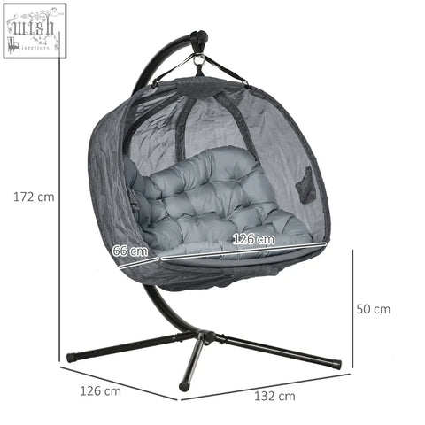 Outsunny gray mesh hanging egg chair with cushioned seat basket and black metal stand for indoor outdoor use