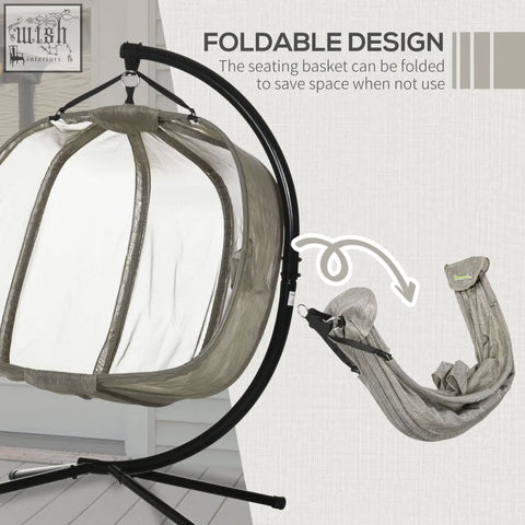 Gray mesh seat basket hanging egg chair with black metal foldable frame for indoor and outdoor use