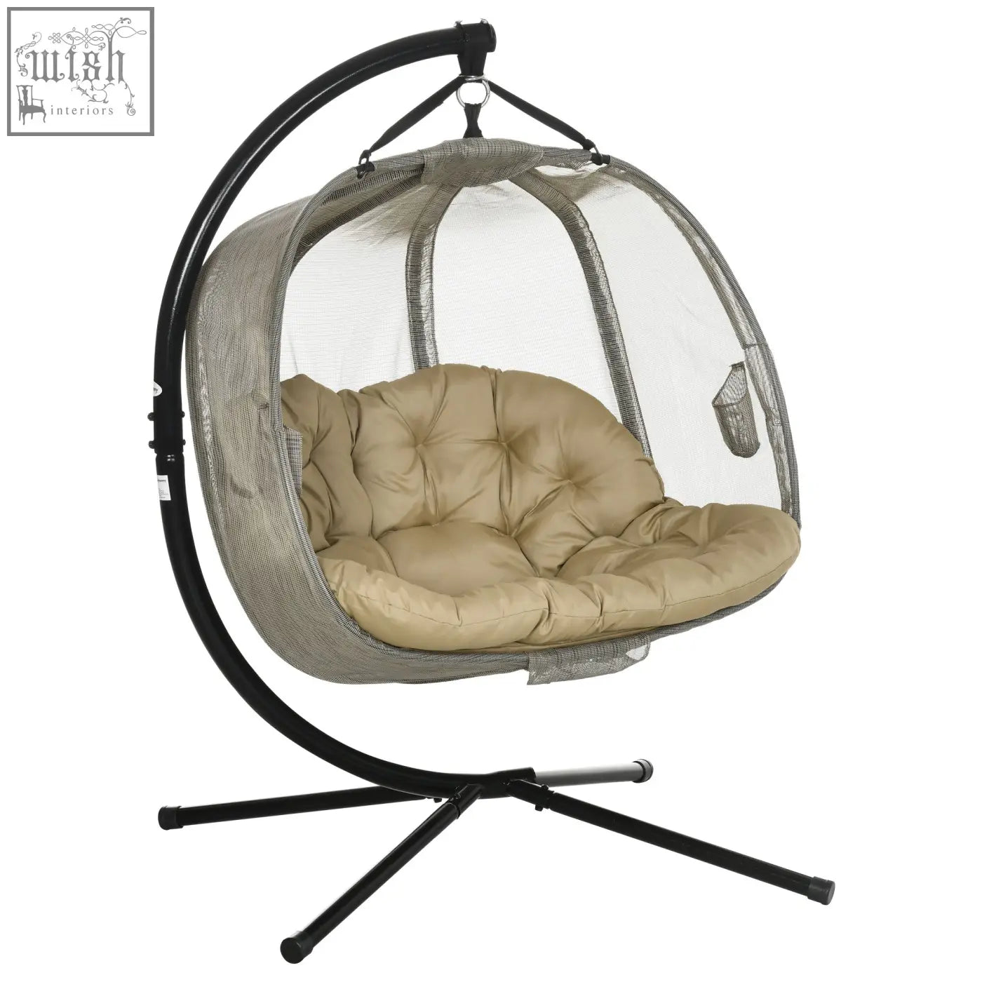 Beige cushioned hanging egg chair with mesh enclosure and black metal frame seat basket for indoor and outdoor use