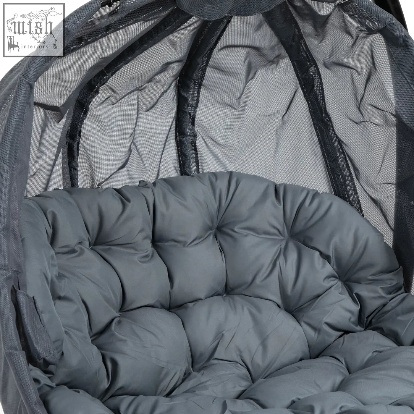Gray quilted cushion with tufted design inside mesh canopy of outsunny hanging egg chair seat basket for indoor outdoor use