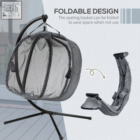 Outsunny double hanging egg chair 2 seat basket with gray mesh, black metal frame, folding design for indoor outdoor use