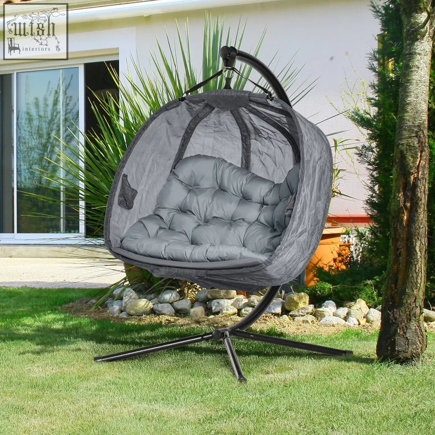 Outsunny grey hanging egg chair with cushioned seat basket and black metal stand for indoor outdoor use
