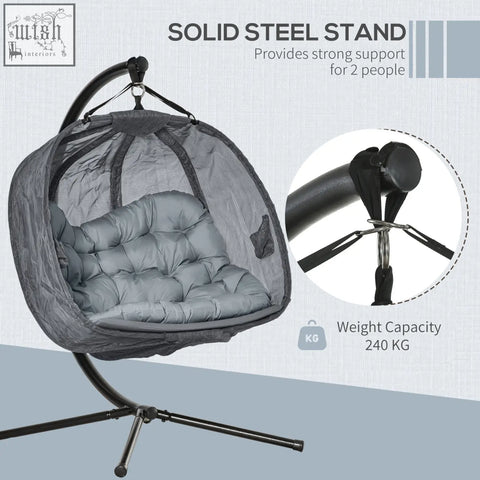 Gray mesh hanging egg chair with padded cushion and steel stand perfect seat basket for indoor outdoor use