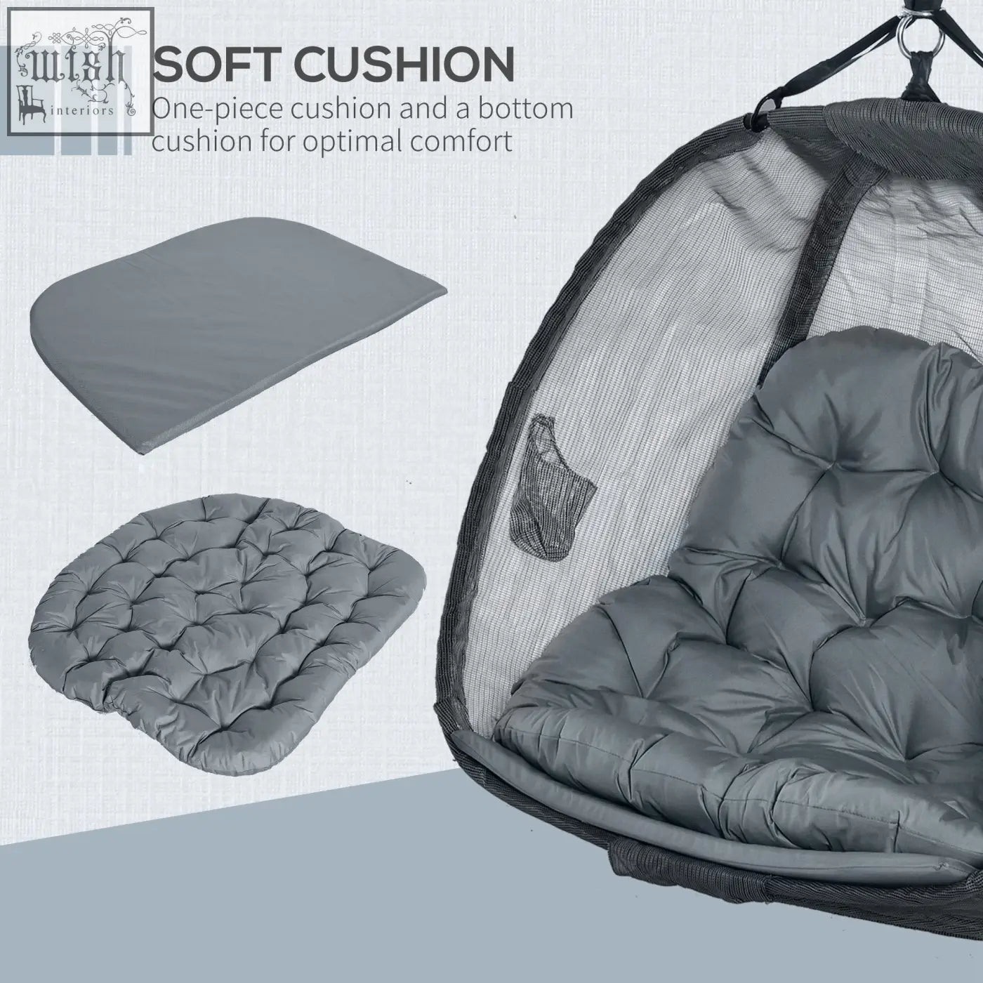 Gray tufted cushion on the seat basket of outsunny hanging egg chair with mesh enclosure for indoor outdoor use