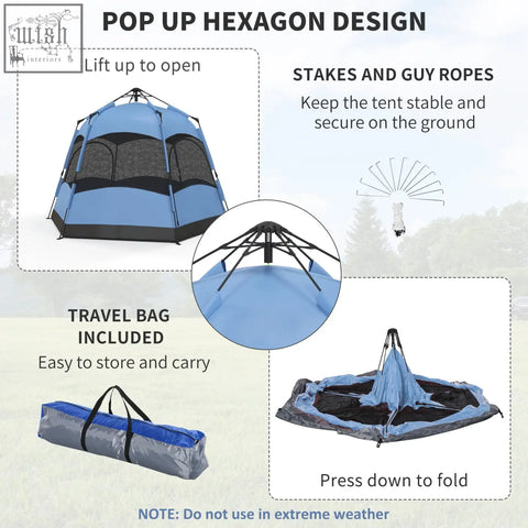 Blue and black outsunny pop up dome tent with mesh windows storage pockets and guy ropes for camping and festivals