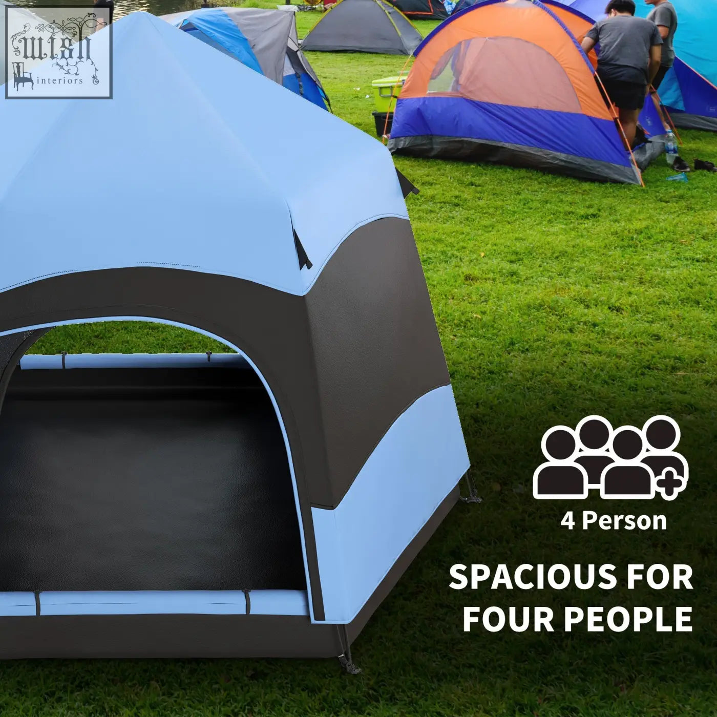 Outsunny blue and black 4 man pop up tent with guy ropes mesh windows storage pockets and spacious arched entrance
