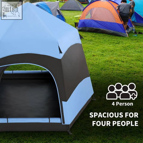 Outsunny blue and black 4 man pop up tent with guy ropes mesh windows storage pockets and spacious arched entrance