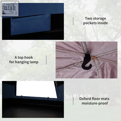 Black plastic hook attached to outsunny 4 man dome tent top frame for hanging lamps with guy ropes and mesh windows
