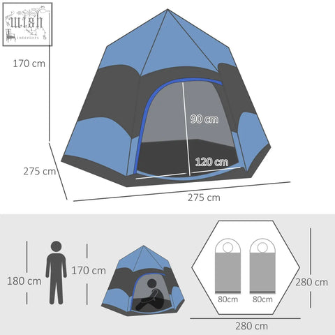 Blue and gray outsunny 4 man hexagon dome tent with mesh windows, guy ropes, storage pockets, and welded floor for camping