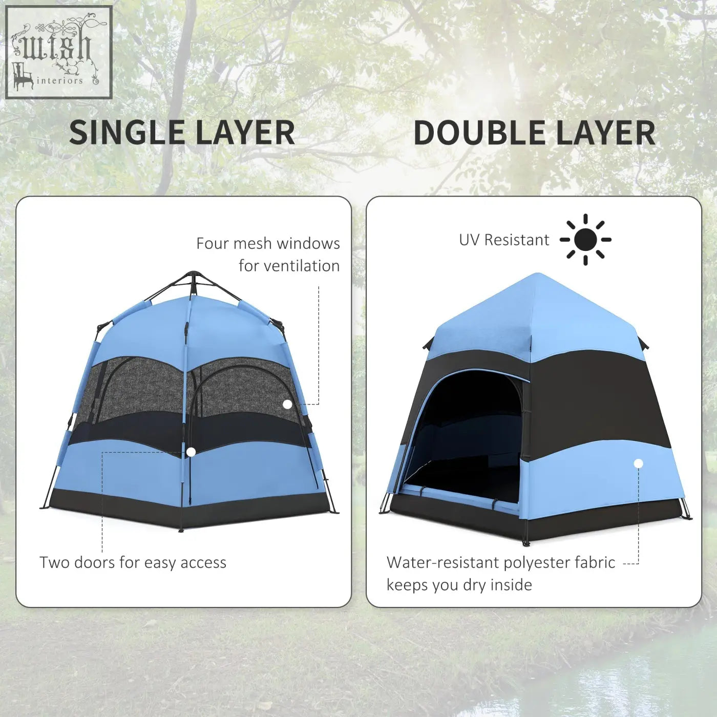 Outsunny blue and black double layer dome tent with uv resistant polyester fabric guy ropes mesh windows and storage pockets