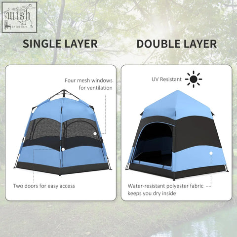 Outsunny blue and black double layer dome tent with uv resistant polyester fabric guy ropes mesh windows and storage pockets