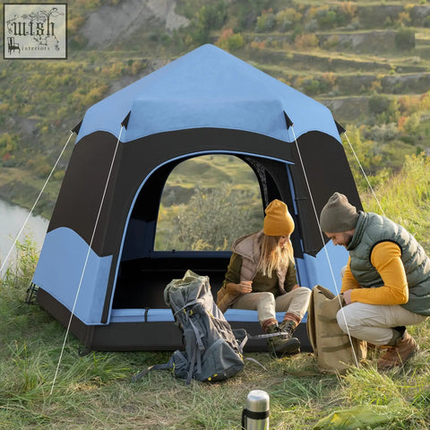 Blue and black outsunny 4 man hexagon dome tent with mesh windows, guy ropes, storage pockets for camping and festivals