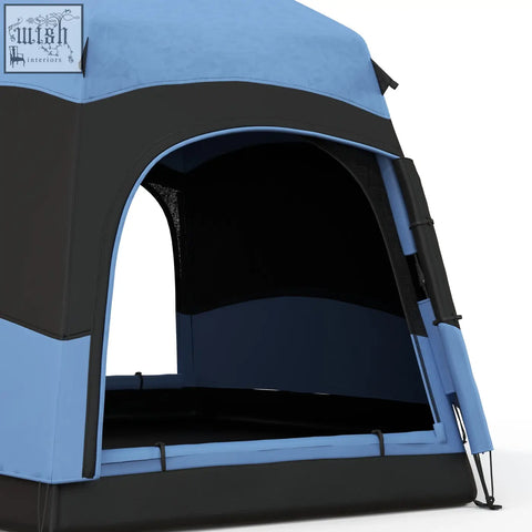 Outsunny blue and black 4 man dome pop up tent with mesh windows guy ropes and storage pockets for camping and festivals
