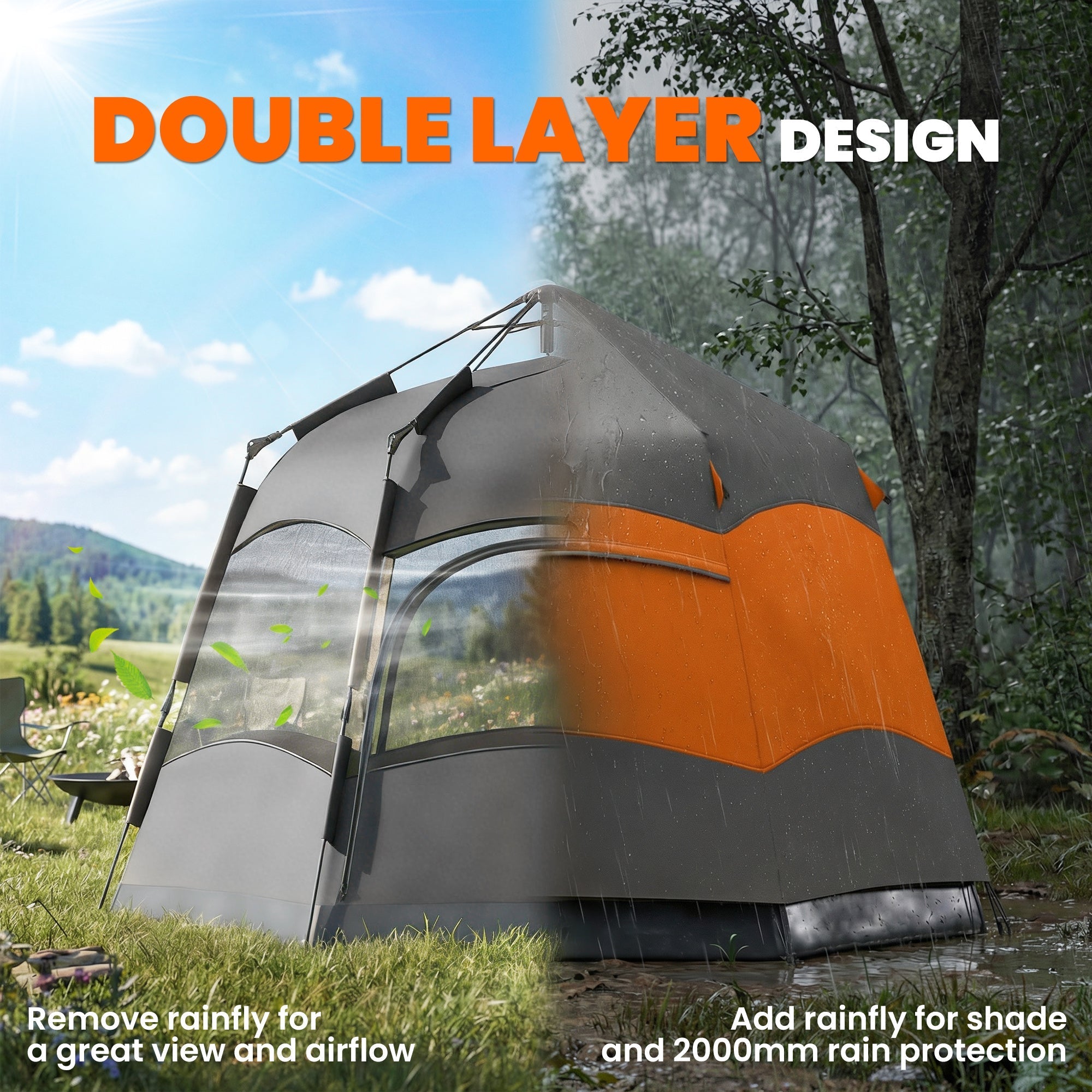 Gray and orange outsunny double layer instant pop up tent with transparent mesh front and 190t water-resistant polyester