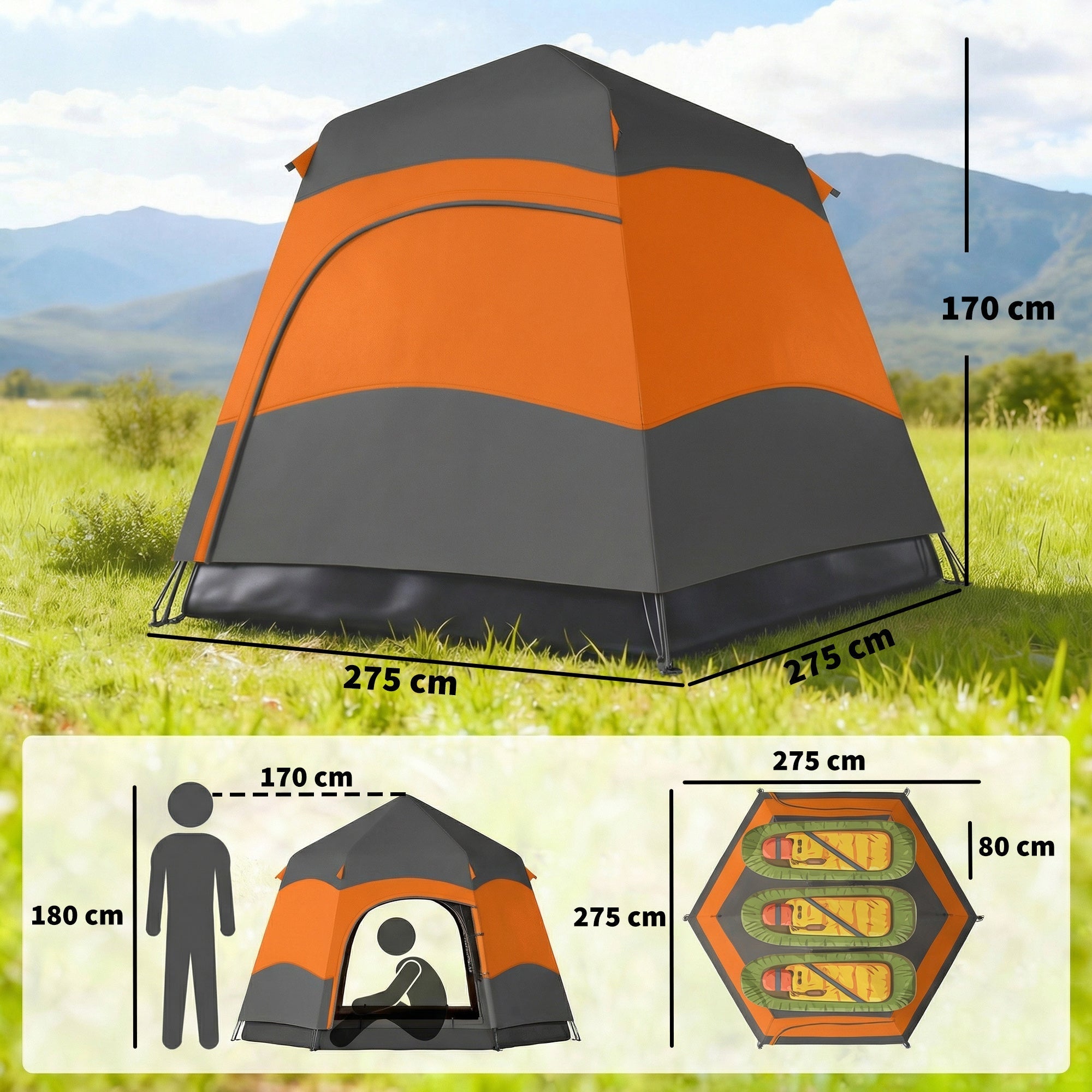 Orange and gray hexagonal outsunny double layer instant pop up tent with 190t water-resistant polyester fabric and rainfly