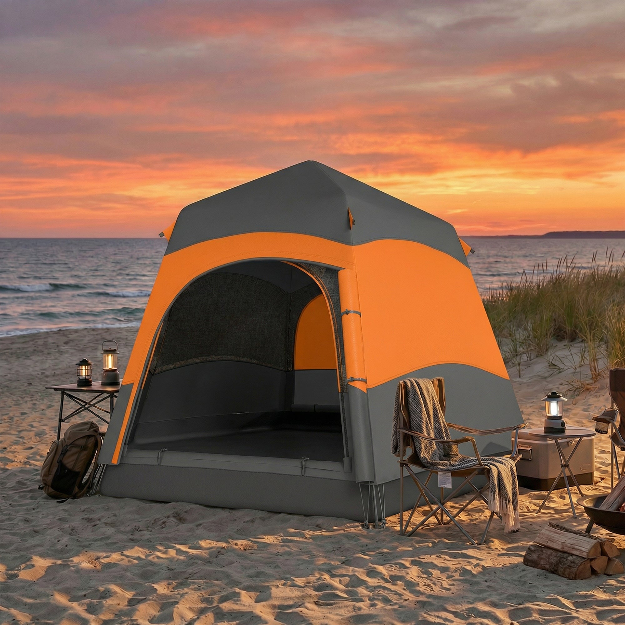 A gray and orange outsunny double layer instant pop up tent made of 190t water-resistant polyester on the beach at sunset