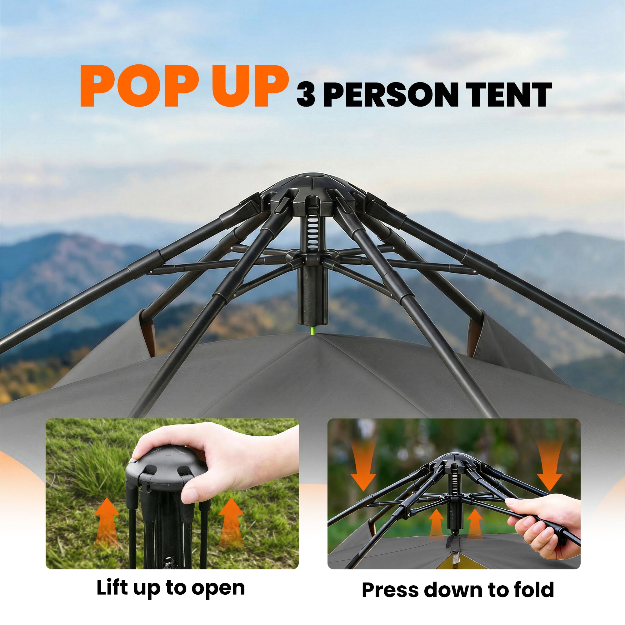 Black pop-up 3-person tent with sturdy frame and easy-open design made of 190t water-resistant polyester