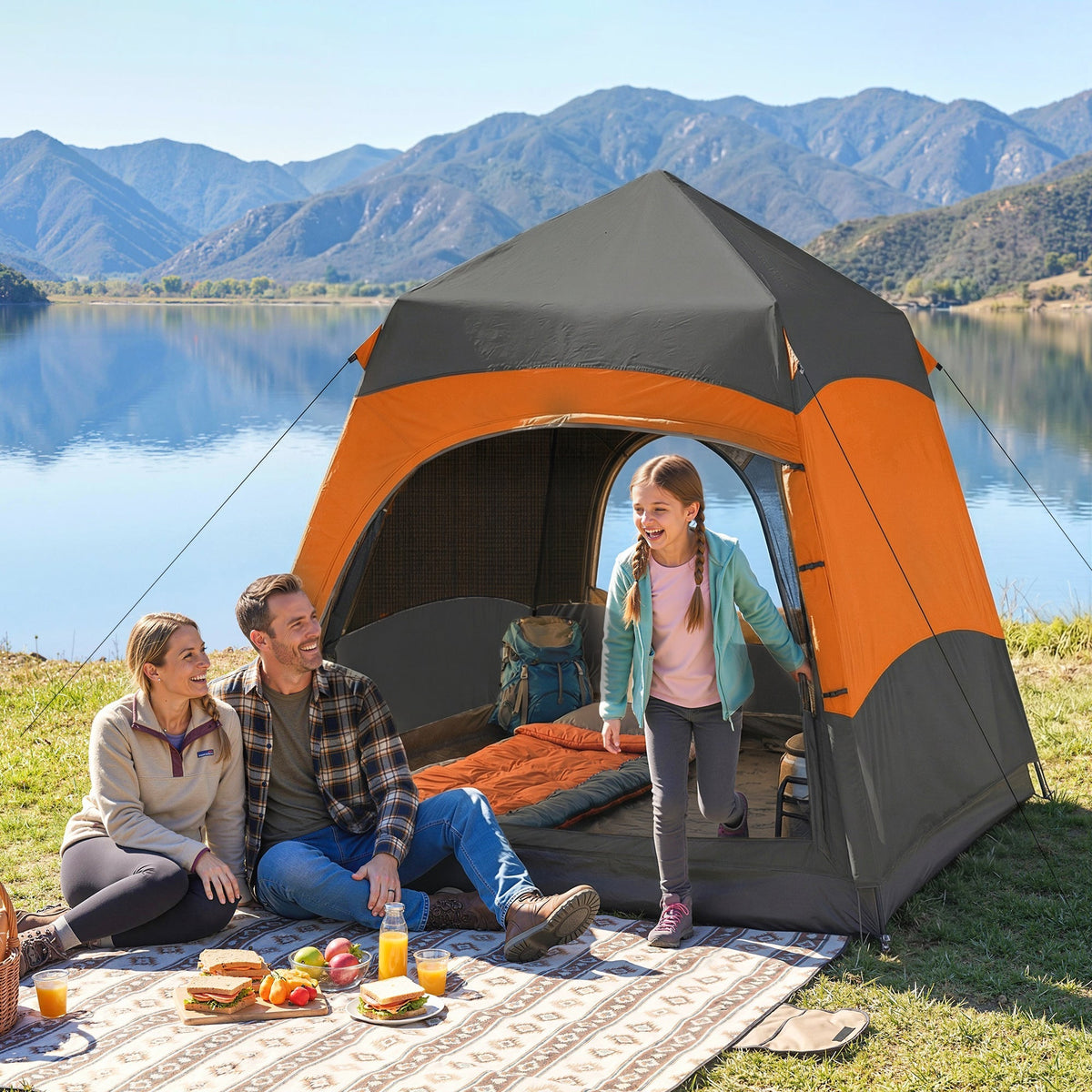 Orange and black outsunny double layer instant pop up tent with mesh front made from 190t water-resistant polyester