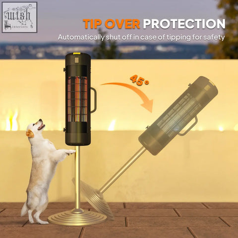 Black outsunny electric patio heater with gold stand heat settings and visible heating elements for outdoor use