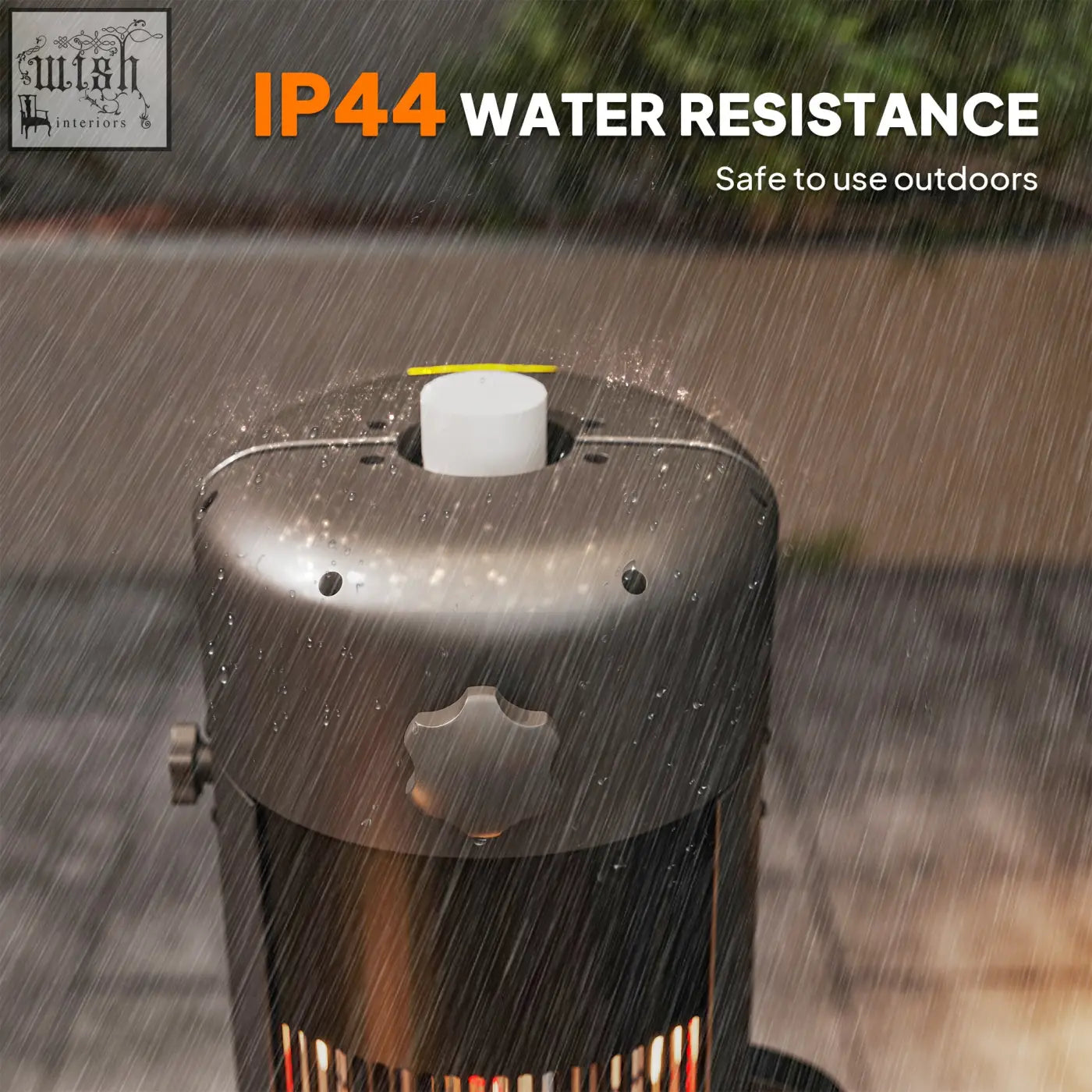 Black metal outsunny electric patio heater with white top and yellow accent featuring 2 heat settings for outdoor use