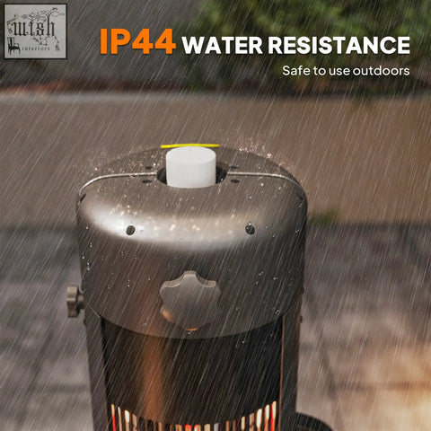 Black metal outsunny electric patio heater with white top and yellow accent featuring 2 heat settings for outdoor use