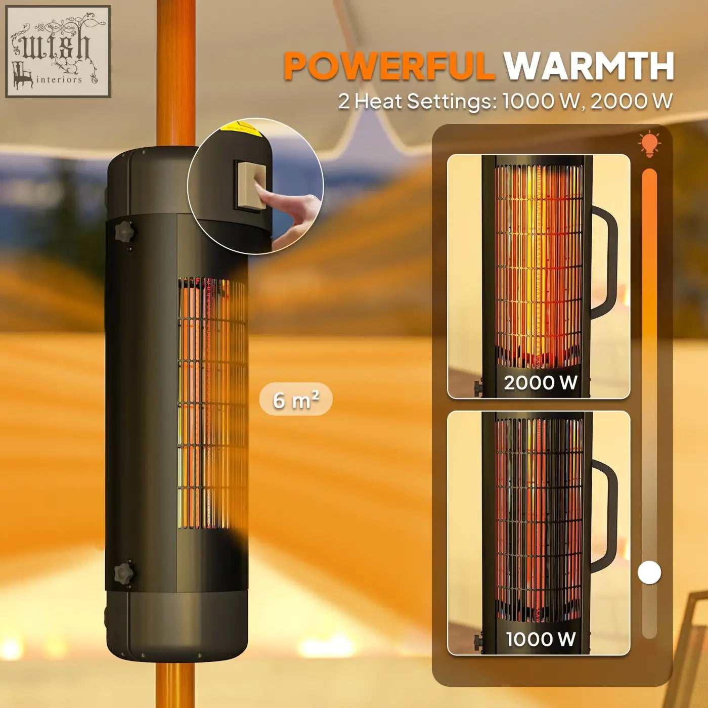 Black outsunny electric patio heater with sleek cylindrical design and 2 heat settings for outdoor umbrella poles