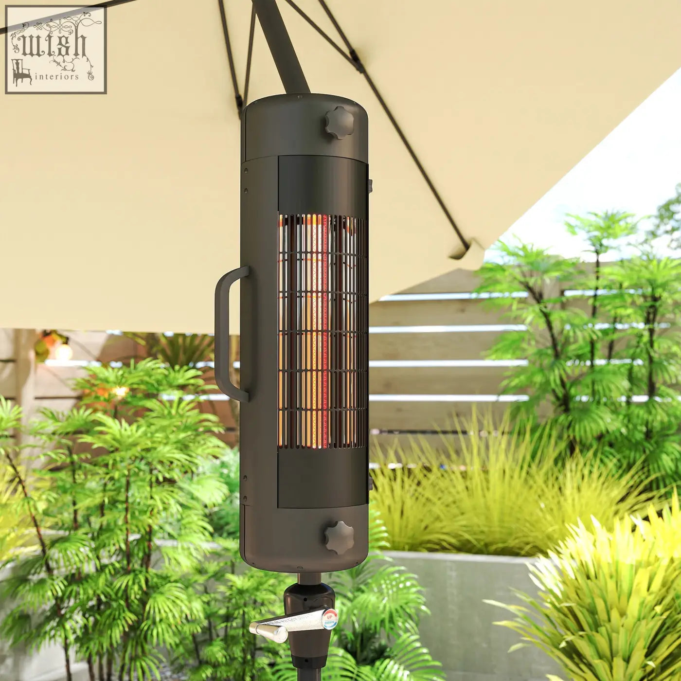 Black outsunny electric patio heater with metal grille handle glowing orange heating elements and 2 heat settings