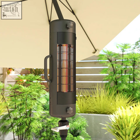 Black outsunny electric patio heater with metal grille handle glowing orange heating elements and 2 heat settings