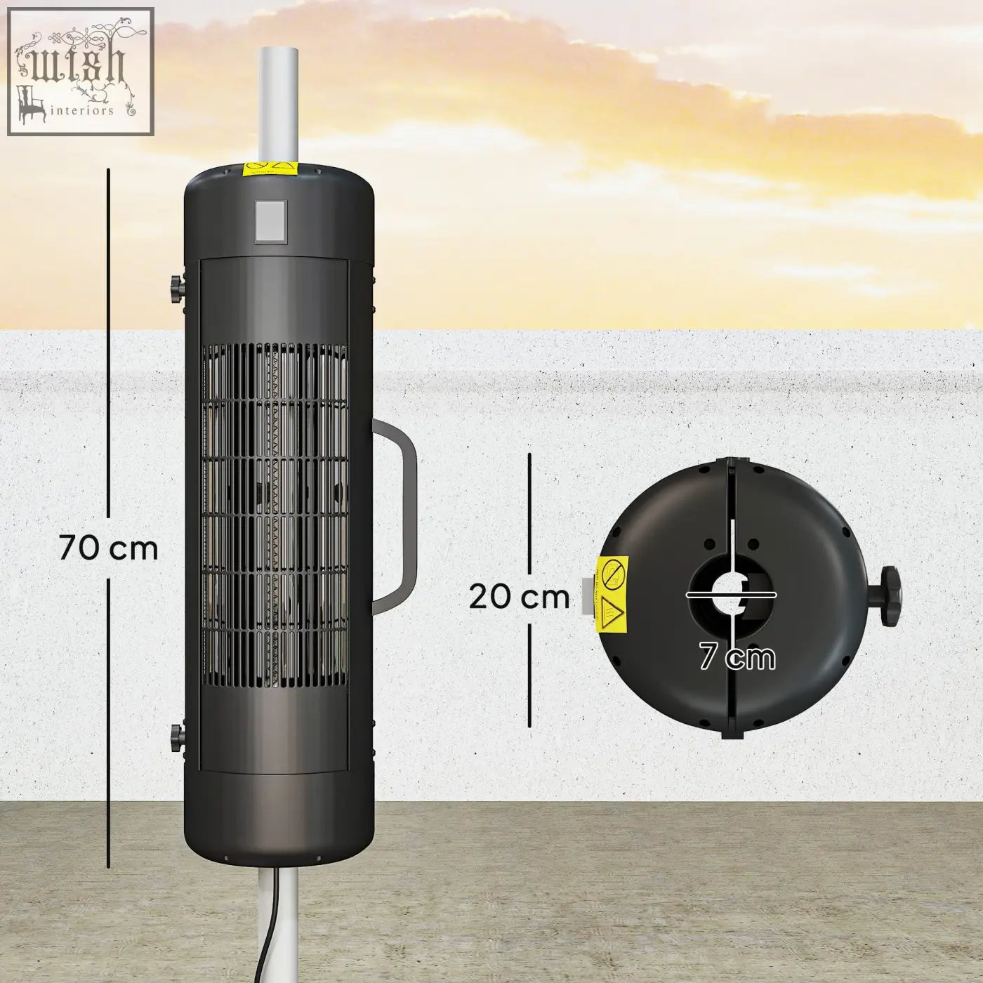 Black outsunny electric patio heater with handle vented front panel yellow warning labels and 2 heat settings
