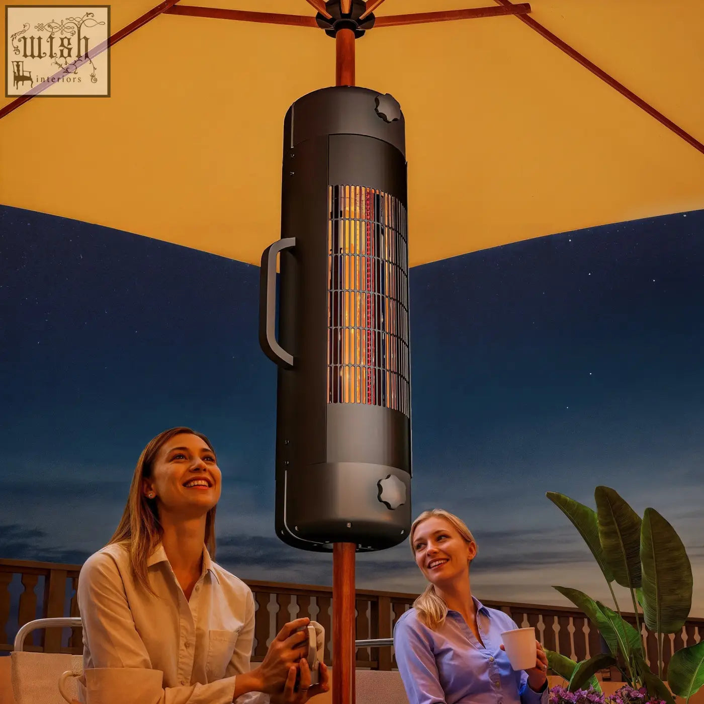 Black cylindrical outsunny electric patio heater with metal grille and handle mounted on umbrella pole with 2 heat settings