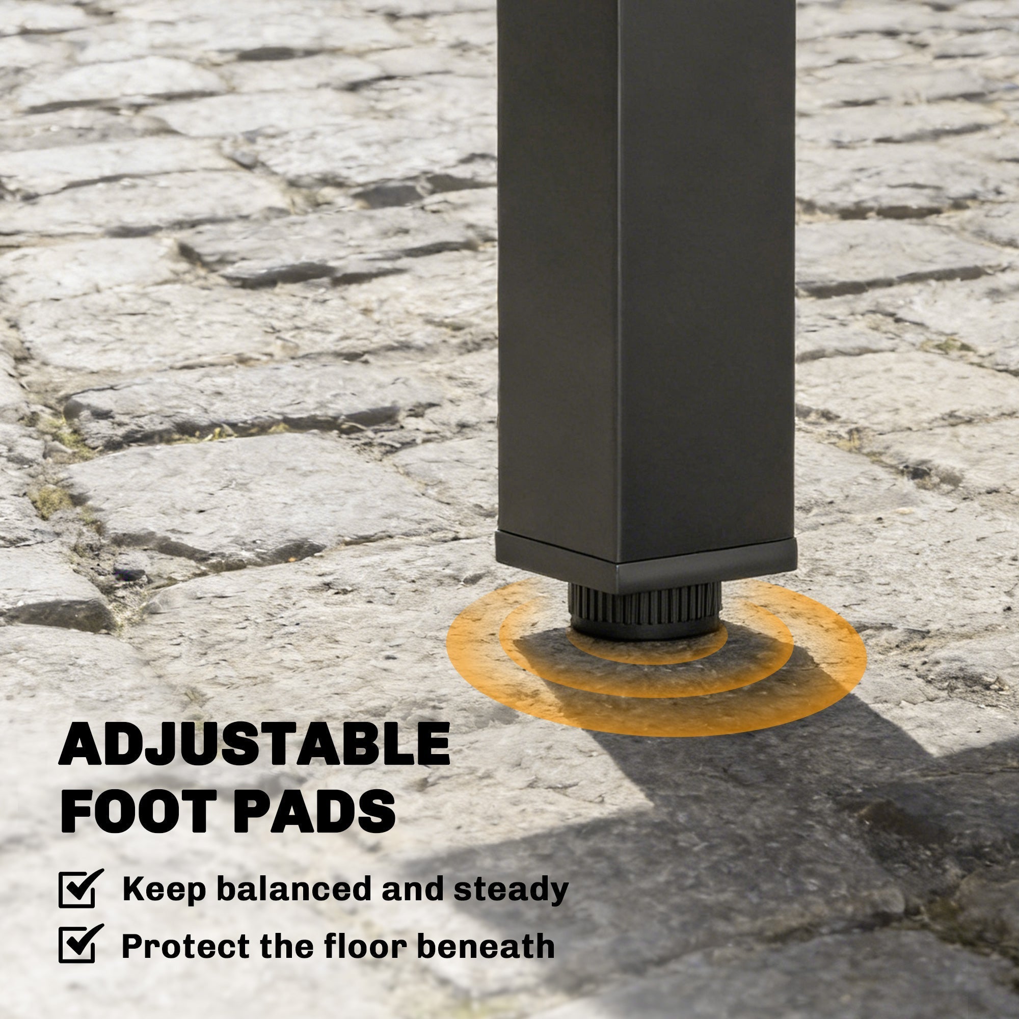 Black rectangular metal leg with adjustable foot pad for stability on outsunny 80w x 75h extending garden table