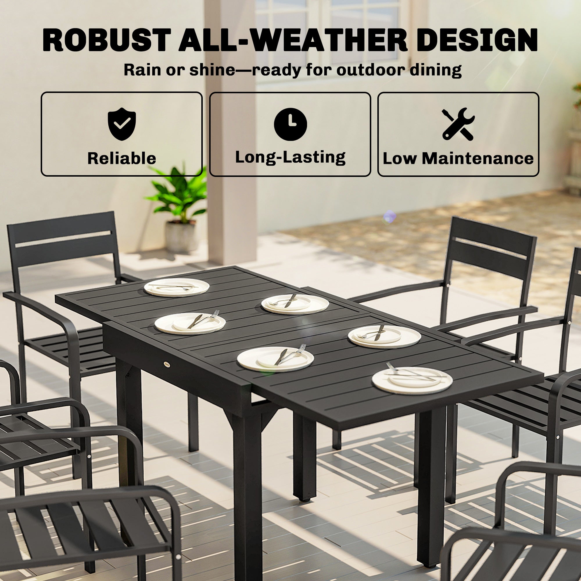Black aluminium extending garden table with slatted top 80w x 75h ideal for outdoor patio dining