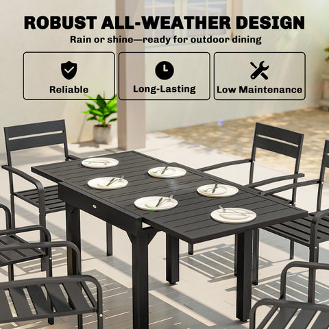 Black aluminium extending garden table with slatted top 80w x 75h ideal for outdoor patio dining